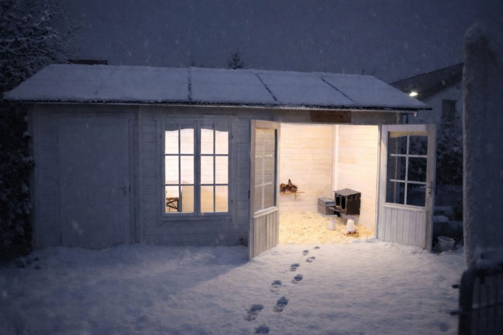 Hühnerstall im Winter mit Schnee